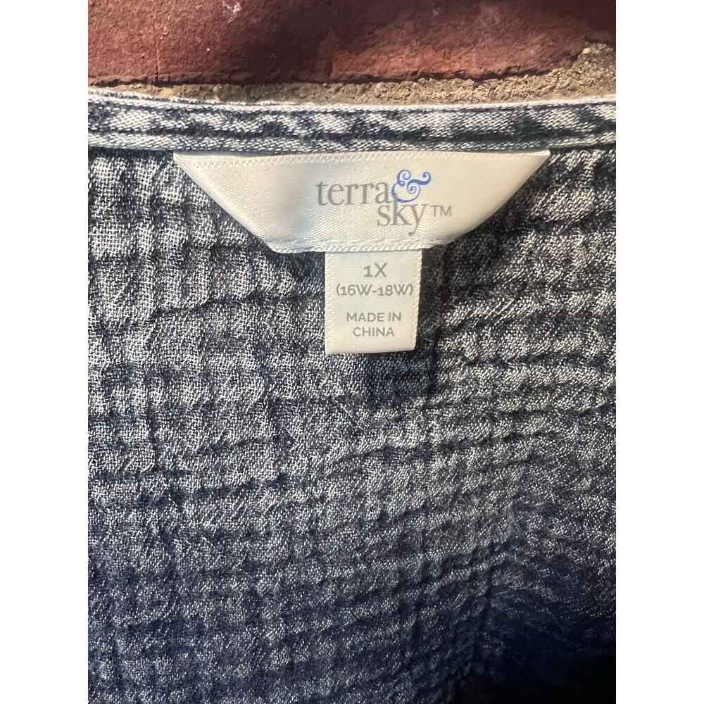 Women's Boho Hippie Plus Size Crinkle Gauze Blouse V-Neck Gray Blue Tunic 1X - Picture 6 of 9
